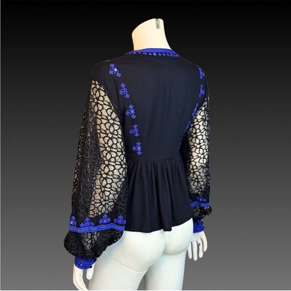Free People Boogie All Night Embroidered Black and Blue Women's Top Lace Sleeves - Picture 13 of 13